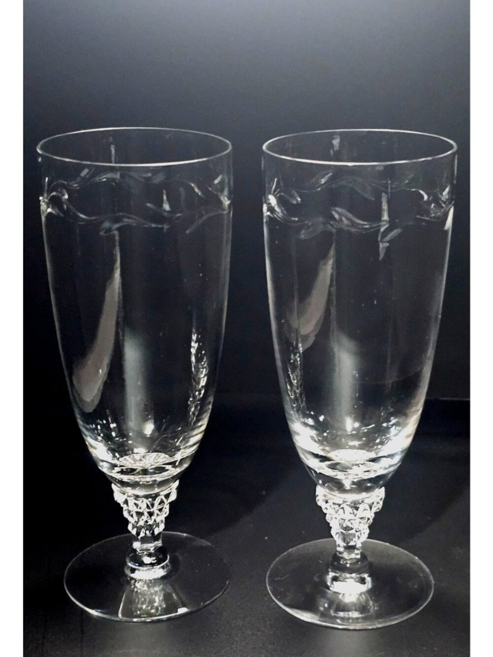 2 Tiffin Franciscan Mimi Ice Tea Glasses cut crystal botanical leaf sculpted